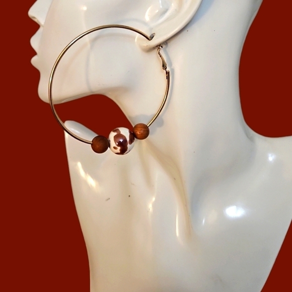 Jumbo Ceramic Wood Beaded Huggie Hoop Earrings - Picture 1 of 4